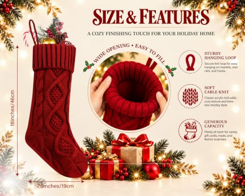 Fesciory 3 Pack 18in Cable Knit Christmas Stockings - Burgundy Ivory Green Set