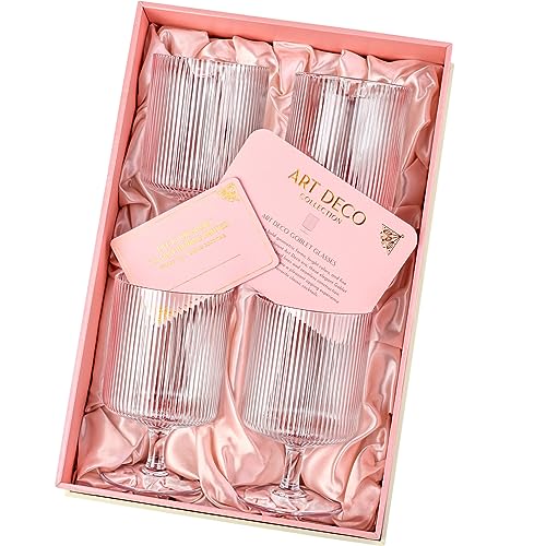 Vintage Art Deco Ribbed Cocktail Glasses Set of 4 - 10 oz Stemware for Whiskey, Gin, Vodka