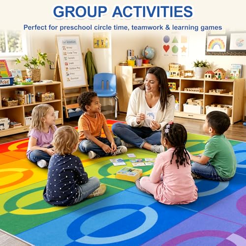 Classroom Rug with 15 Rainbow Circles, 5x7.6 Foot Non-Slip Educational Carpet