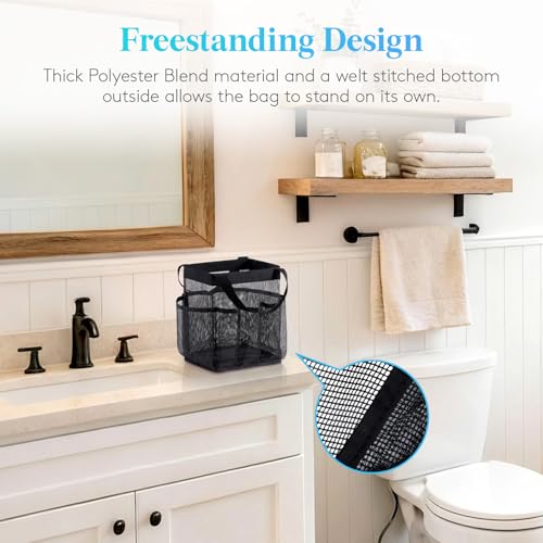 Mesh Shower Caddy Portable Quick Dry Tote Bag with 7 Pockets Black