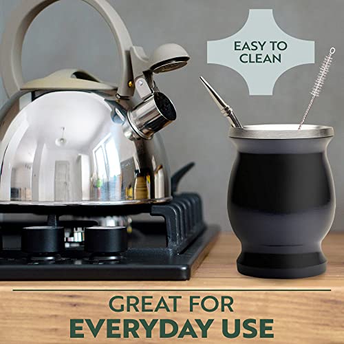 Norte Yerba Mate Cup Set Black - 8oz Traditional Tea Gourd with Stainless Steel Accessories