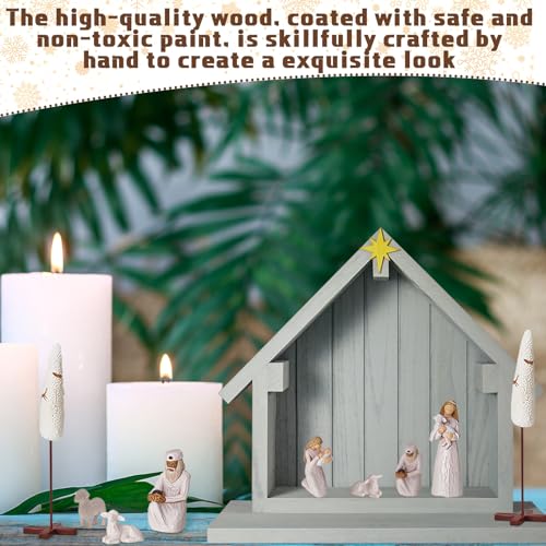 Gray Wooden Nativity Creche Scene - 13.5 x 12.5 Inch Christmas Stable Decor