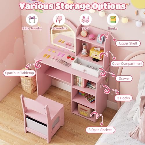 Kids Vanity Set with Lighted Mirror, Drawer, and Chair - Pink Dressing Table