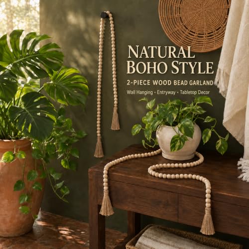 2 Pack Wood Bead Garland with Tassels, 50-Inch Rustic Farmhouse Boho Decor
