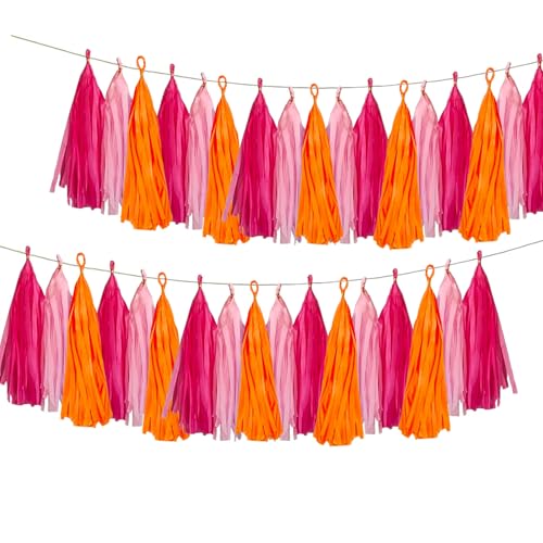 15 Pcs Hot Pink and Orange Tissue Paper Tassel Garland Party Decoration