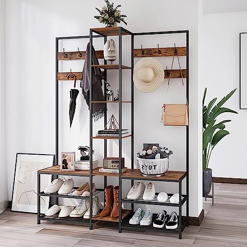 Corner Hall Tree with Shoe Bench, 10-Hook Industrial Coat Rack & Storage
