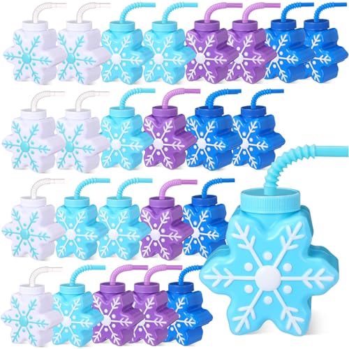 Sliner 24 Pack Snowflake Party Cups with Lids & Straws, 10 oz Winter Celebration