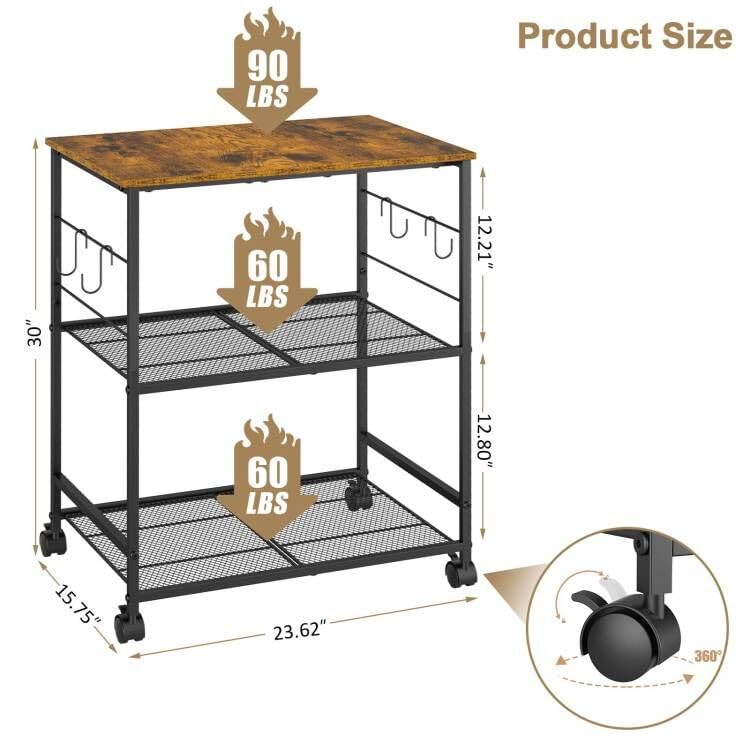 3-Tier Rolling Kitchen Microwave Cart with Lockable Wheels & Hooks