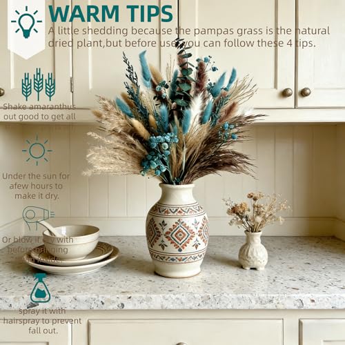 17-Inch Turquoise Dried Pampas Grass Bouquet - 60-Stem Boho Vase Filler