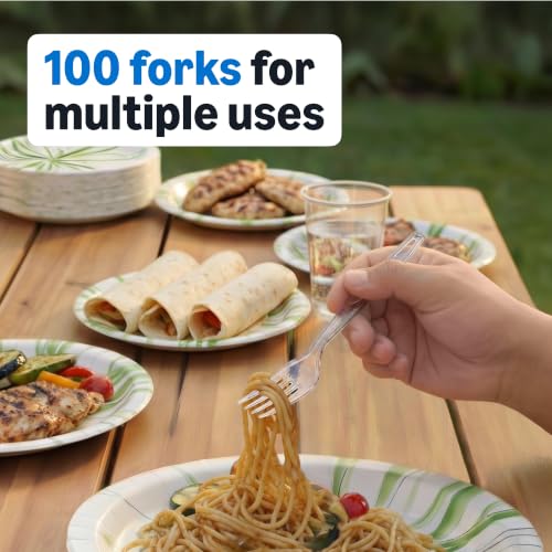 Amazon Basics Clear Plastic Forks, Heavy Duty Disposable Cutlery, 100 Count