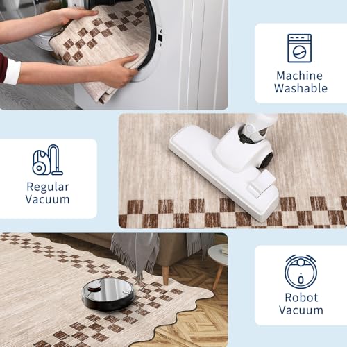 5x7 Scalloped Washable Area Rug - Non-Slip Stain-Resistant Beige Carpet
