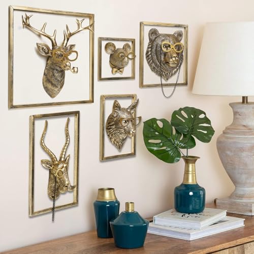 5-Piece Animal Head Wall Sculpture Set, Gold Resin Decorative Wall Mounts