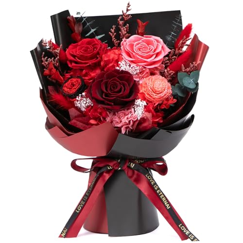 Preserved Red Rose Bouquet - Real Forever Flowers Gift Set with Vase
