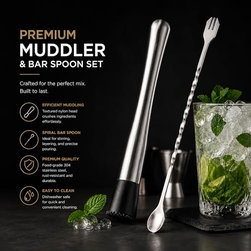 10 Inch Stainless Steel Cocktail Muddler & Bar Spoon Set - Home Bar Tools