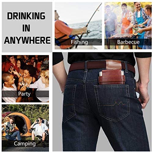 GENNISSY 8oz Hip Flask for Men Brown Leather Wrap - Leakproof Stainless Steel Gift Set with Funnel & Mini Cups