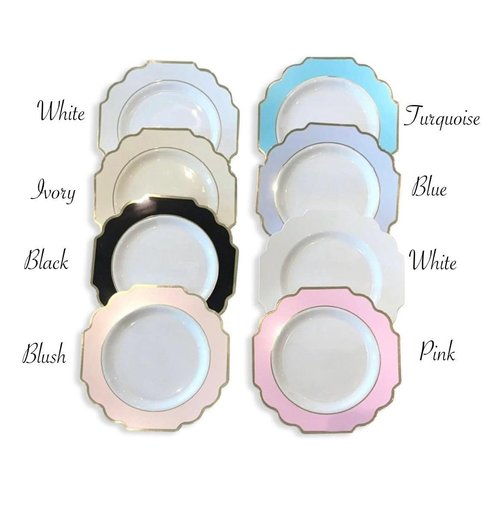 " OCCASIONS " 40 Plates Pack, Heavyweight Disposable Wedding Party Plastic Plates (10.5'' Dinner Plate, Imperial in White/Blue & Gold)