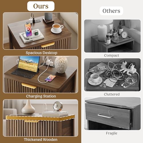 Fluted Wood Nightstand Set of 2 with Charging Station and Storage Drawer