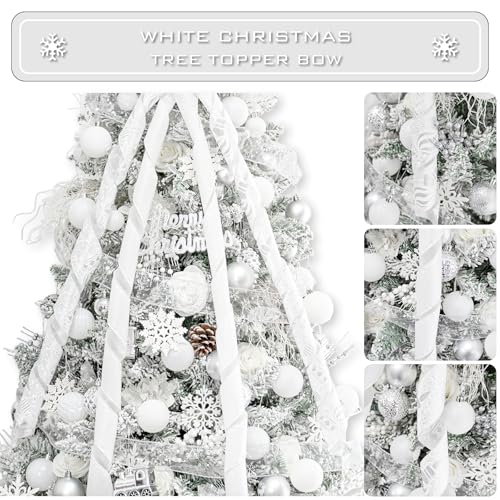 Large White Christmas Tree Topper Bow with Glitter Streamers - 53x13 Inch