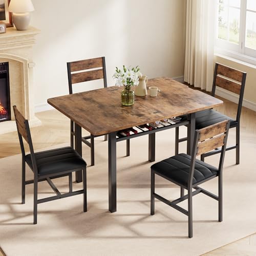 5-Piece Extendable Dining Table Set with 4 PU Leather Chairs & Storage Rack