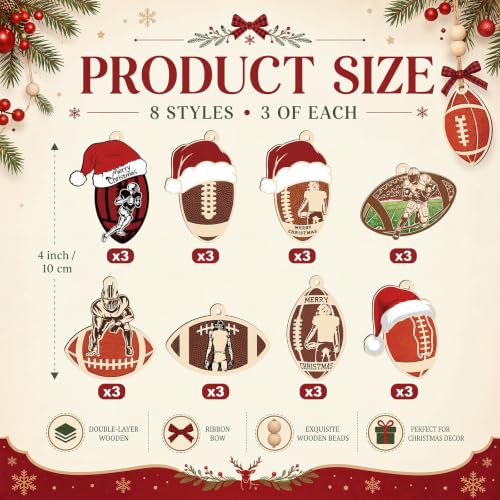24 Pack Wooden Christmas Football Ornaments for Holiday Tree Decor