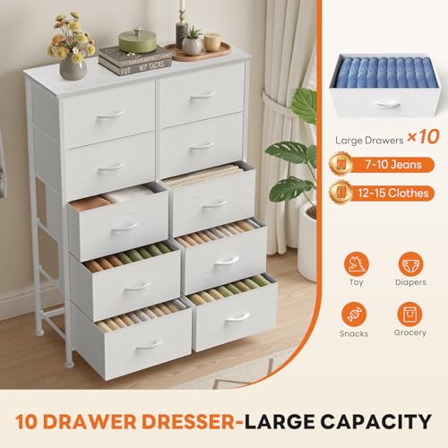 10 Drawer Tall Dresser Tower with Fabric Storage Bins and Wood Top