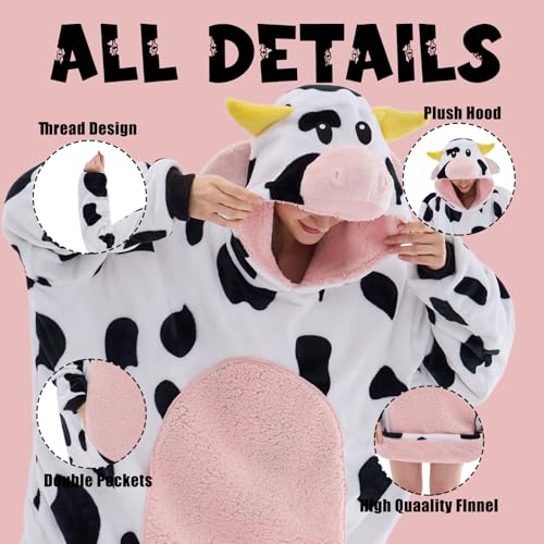 JUOLOET Pink Cow Wearable Blanket Hoodie for Adults, Hooded Sherpa Fleece with Pocket
