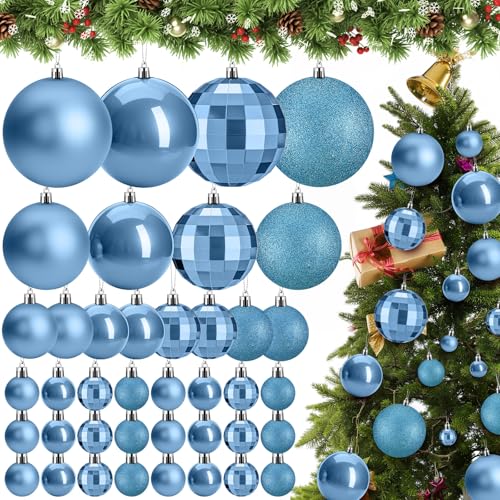 Wettarn Ice Blue 50 Pcs Shatterproof Christmas Ball Ornaments - 4/3.2/2/1.2'' with Matte, Shiny, Disco Mirror & Glitter Finishes