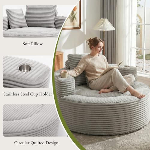 55-Inch Oversized Round Chaise Lounge Chair, Grey Corduroy Floor Sofa