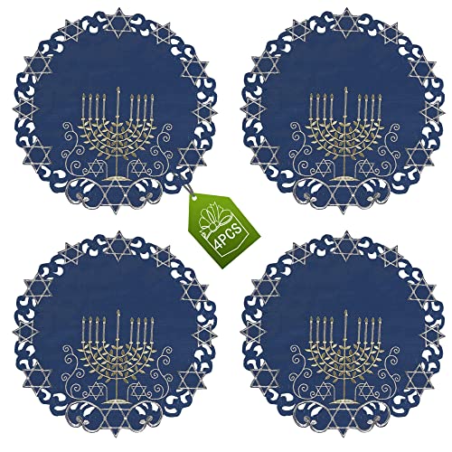 OWENIE Blue Round Hanukkah Placemats Set of 4, 15" Embroidered Menorah Holiday Table Decor
