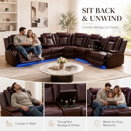 Daydo Sempli Red Power Reclining Sectional Sofa with LED Lights & Cup Holders
