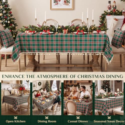 Softalker 55" x 120" Green Christmas Plaid Tassel Tablecloth, Linen Cotton Blend