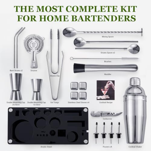 KINGROW Sliver 23-Piece Cocktail Shaker Set with Stand - 25oz Bartender Kit