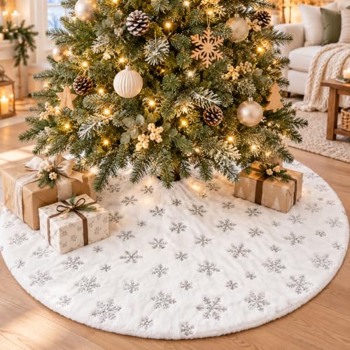 Silver 60 Inch Faux Fur Christmas Tree Skirt with Sequin Snowflakes - White Holiday Decor