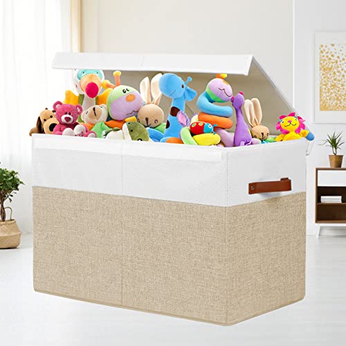 Large Toy Storage Box with Lid and Dividers, 25" Linen Toy Chest