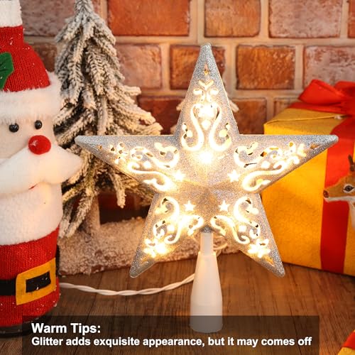 Silver Glitter Lighted Christmas Tree Topper - 3D Double-Sided Star
