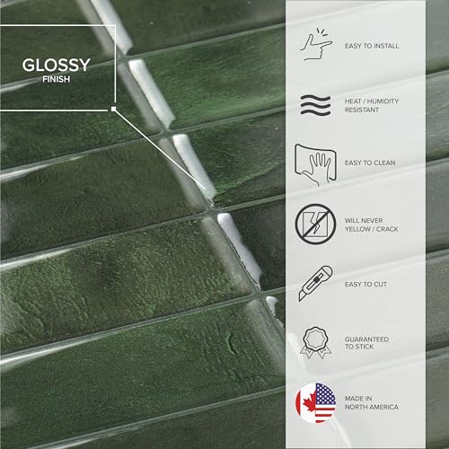 Peel and Stick Backsplash Tiles, Forest Green Glossy Wall Tiles, 5 Pack