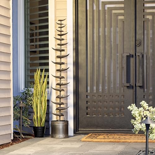 Indoor Outdoor Metal Tiered Leaves Water Fountain - 70 Inch Silver Water Feature, Water Fountain