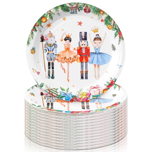 Shellwei 100 Pcs 7 Inch Christmas Plates Green White Nutcracker Set for Holiday Party