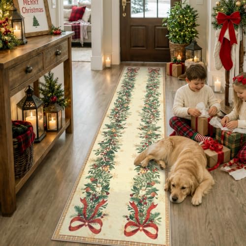 Lahome 2' x 8' Warm Cream Christmas Runner Rug with Evergreen Garland & Red Bows