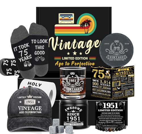 75th Birthday Gift Set for Men Whiskey Glass Socks Hat Candles & More