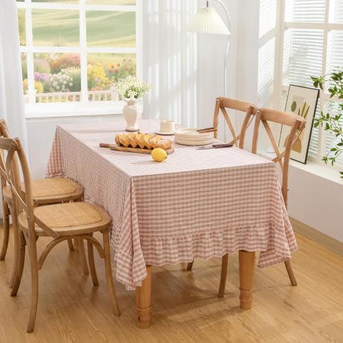 KKJIAF Light Pink Gingham Tablecloth 60 x 120 Inch, Cotton Plaid Table Cover