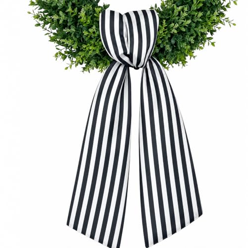 Black and White Stripe Wreath Sash for Front Door Decor, 4.5 x 56 Inch