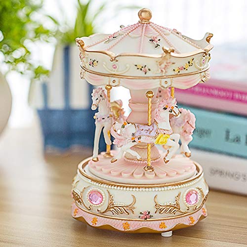 Rotating Carousel Music Box with LED Lights, Pink Resin Tabletop Decor