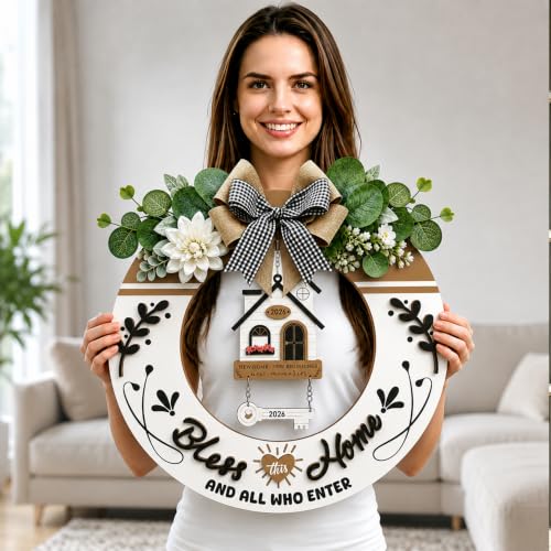 3D Welcome Sign Wood Wreath for Front Door, Farmhouse Porch Decor