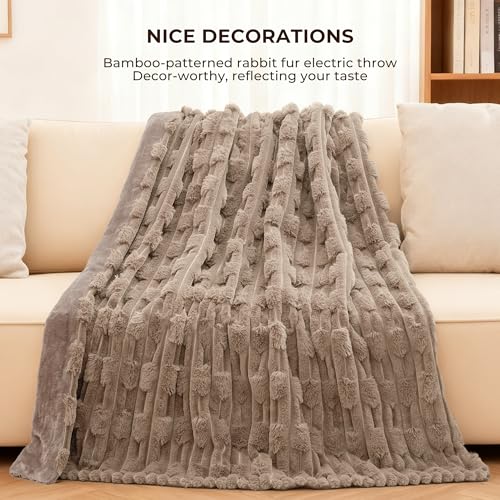 Heated Throw Blanket 50"x60" Faux Rabbit Fur with 6 Heat Settings