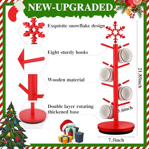 Red Snowflake Christmas Mug Tree Holder with 8 Hooks - Wooden Coffee Cup Organizer