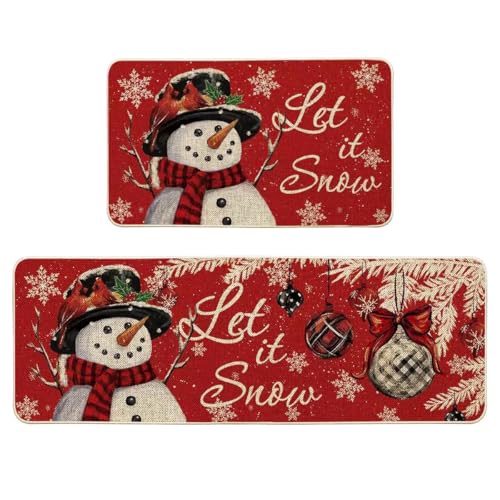 Snowman Christmas Kitchen Rugs Set 2-Piece Non-Slip 17x47 & 17x29 Inches