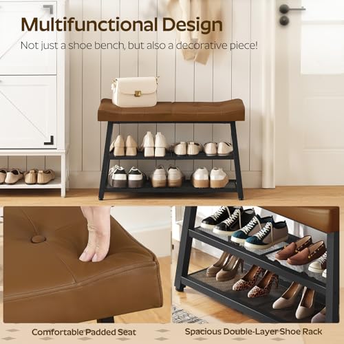 3-Tier Shoe Storage Bench with Padded PU Leather Seat and Metal Frame