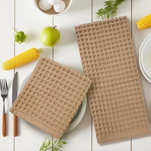 Waffle Weave Cotton Hand Towels - 2-Piece Set, 13" x 29", Tan