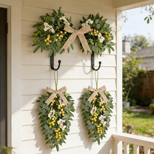 3-Piece Artificial Eucalyptus and Olive Leaf Teardrop Swag Set with Linen Bows